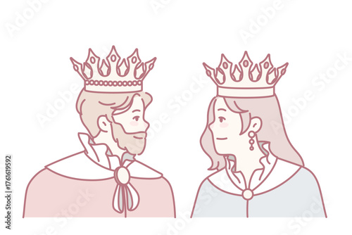 King and queen in mantles and crowns look at each other. Members of royal family in robes. Royalty and monarchy. Vector illustration.