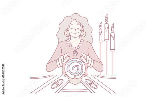 Female witch with magical crystal ball predicting future. Woman fortune teller reading destiny in dark room. Magic and superstition. Vector illustration.