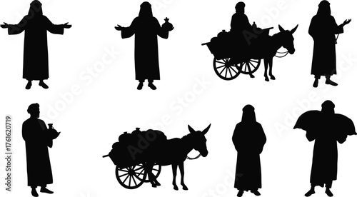 Silhouette illustration of Arabian traders with donkeys, carrying goods, ancient market lifestyle, traditional clothing, cultural history, desert commerce vector.