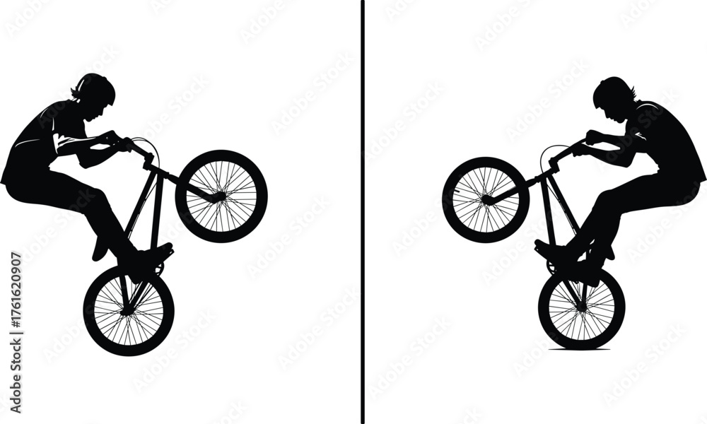 Fototapeta premium Silhouette illustration of BMX stunt riders performing wheelie tricks on bicycles, extreme freestyle cycling vector design for sports posters and apparel.