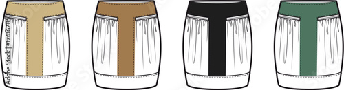Vector illustration set of a contemporary men's utility kilt design shown in multiple colorways, a technical flat sketch for fashion apparel
