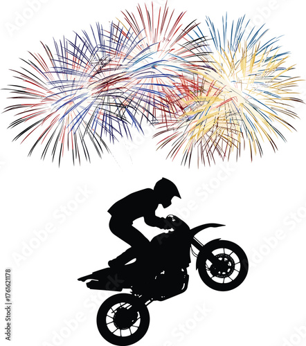 Silhouette illustration of motocross rider performing extreme stunt jump on motorcycle with colorful fireworks explosion celebration background vector design.