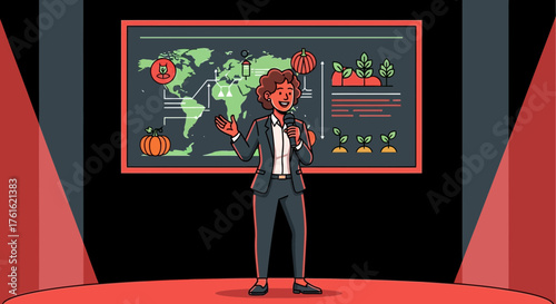 Agricultural expert presenting global farming data on stage at conference