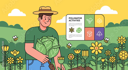 A cheerful farmer showcases pollinator activities in his thriving flower garden