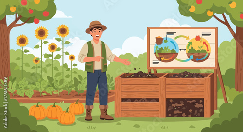 Farmer Explaining Composting Process in Garden with Sunflowers and Pumpkins