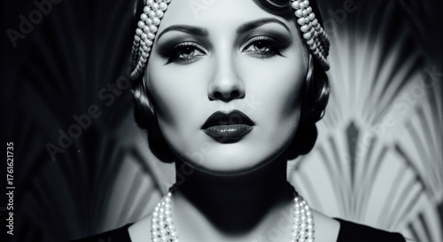 Glamorous Art Deco Woman with Pearl Headband and Necklace, posing intensely with dramatic makeup and vintage background.