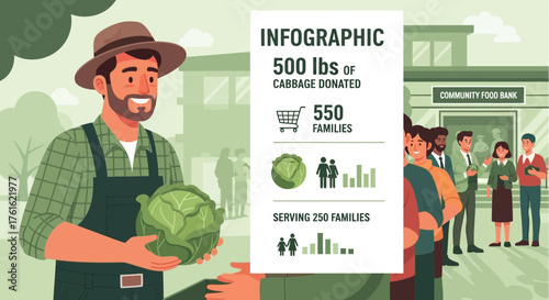 Illustrated community food drive with farmer donating cabbage, showcasing food bank impact