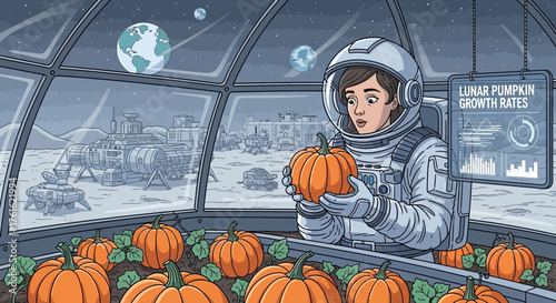 Astronaut Cultivating Lunar Pumpkins in a Greenhouse with Earth View Concept