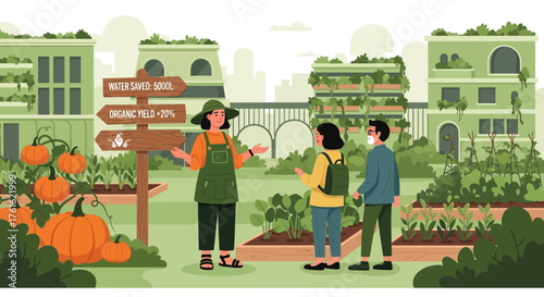 Urban agriculture tour with guide educating visitors about sustainable farming practices
