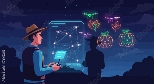 Nighttime drone light show featuring illuminated fall-themed shapes and operator