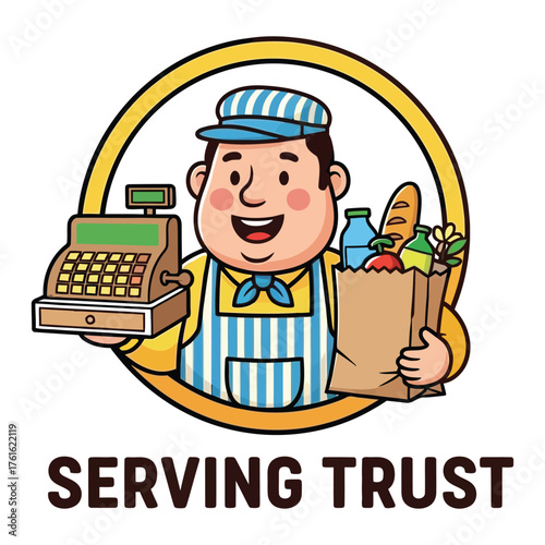 Cartoon grocer with cash register and grocery bag isolated on white background