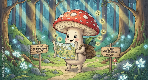 Mushroom character on an adventure in a fairy tale forest filled with magical creatures