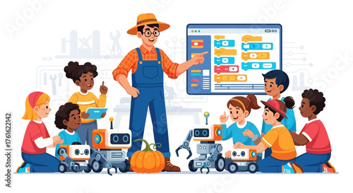 Educational robotics workshop with children and a farmer teaching programming concepts