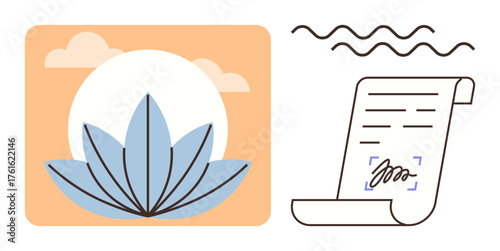 Lotus flower with sun and clouds paired with signed document and wavy lines evoking balance, agreement, clarity, and mindfulness. Ideal for harmony, law, freedom, nature, meditation contracts