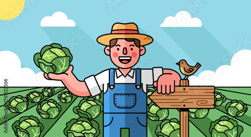 Cheerful cabbage farmer with a successful harvest in a lush cultivated field