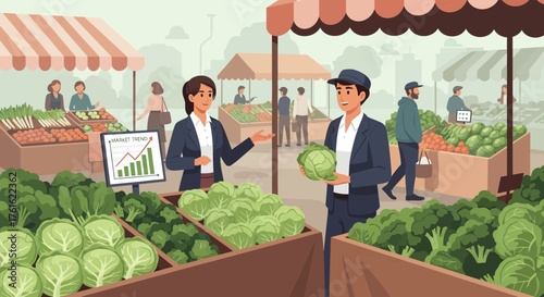 Vibrant community market scene with fresh produce and bustling atmosphere captured