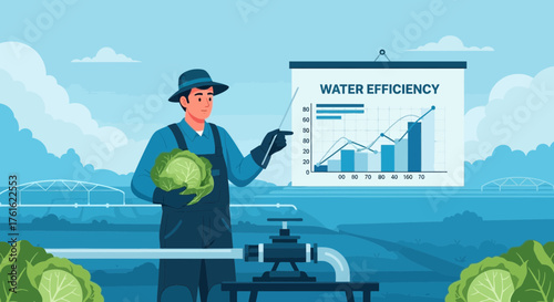 Farmer presentation on water efficiency in cabbage farming with chart insights