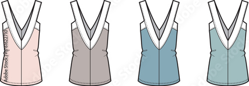 Vector set of women's sleeveless V-neck tank top technical flat sketches. Fashion design apparel template collection for clothing