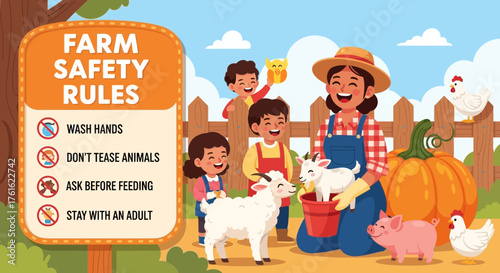 A cheerful cartoon depicting farm safety rules for children and animal interactions