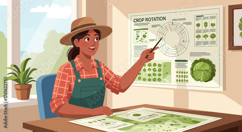 Illustration of a woman in gardening attire presenting a crop rotation chart