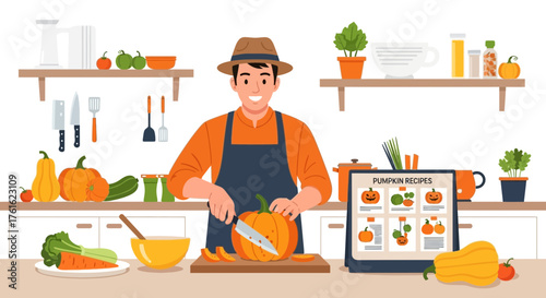 Man preparing seasonal pumpkin recipes in a well-lit kitchen setting