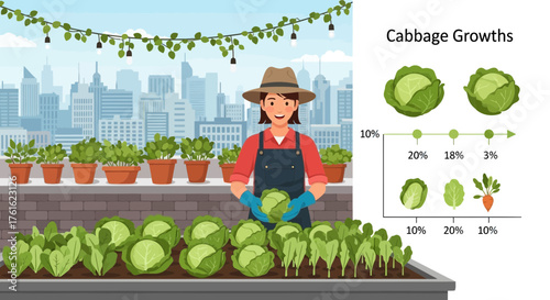 Rooftop urban gardening with a female gardener growing vegetables in a city
