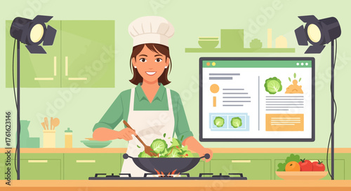 Female chef prepares healthy food for an online video cooking broadcast setup