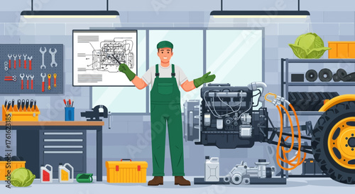 Tractor Mechanic Explaining Engine Repair in a Workshop, Engineering Diagram