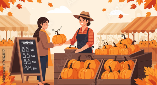 Autumnal charm: A delightful pumpkin market scene with happy customers and vendors