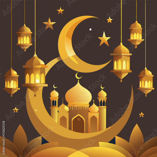 Golden Mosque with Crescent Moon and Star,Islamic Ramadan and Eid Mubarak Illustration