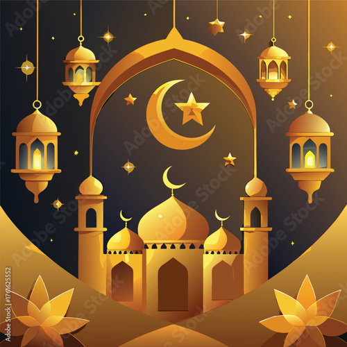 Golden Mosque with Crescent Moon and Star,Islamic Ramadan and Eid Mubarak Illustration