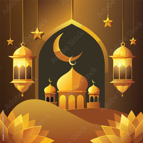Golden Mosque with Crescent Moon and Star,Islamic Ramadan and Eid Mubarak Illustration