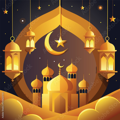 Golden Mosque with Crescent Moon and Star,Islamic Ramadan and Eid Mubarak Illustration