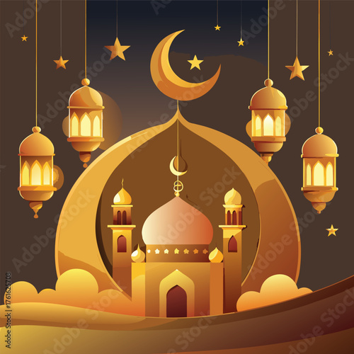 Golden Mosque with Crescent Moon and Star,Islamic Ramadan and Eid Mubarak Illustration