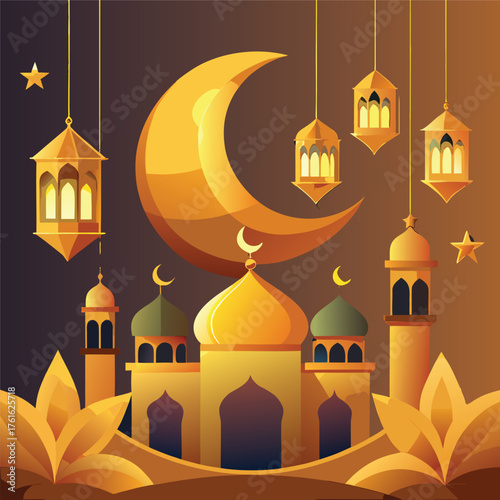 Golden Mosque with Crescent Moon and Star,Islamic Ramadan and Eid Mubarak Illustration