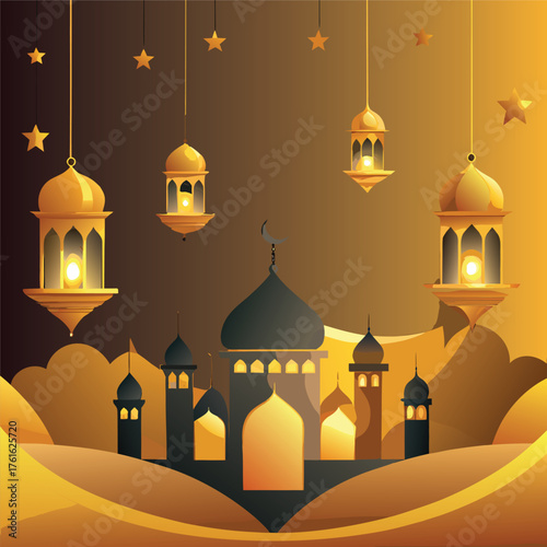 Golden Mosque with Crescent Moon and Star,Islamic Ramadan and Eid Mubarak Illustration
