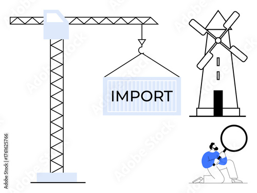 Crane lifting import container, traditional windmill, two people analyzing with magnifying glass. Ideal for trade, logistics, research, economy, energy teamwork sustainability. Simple flat metaphor