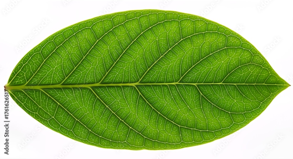 Obraz premium A single, vibrant green leaf with detailed venation is isolated against a stark white background.