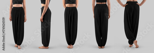 Mockup of black wide pants for yoga on a woman, close-up, front, side, back view, for design, branding, advertising. Set