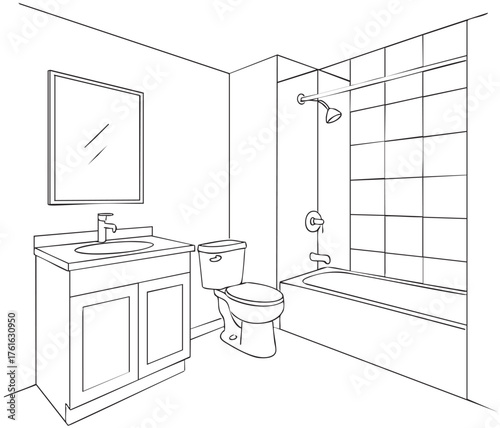 Line Sketch bathroom interior design with bathtub