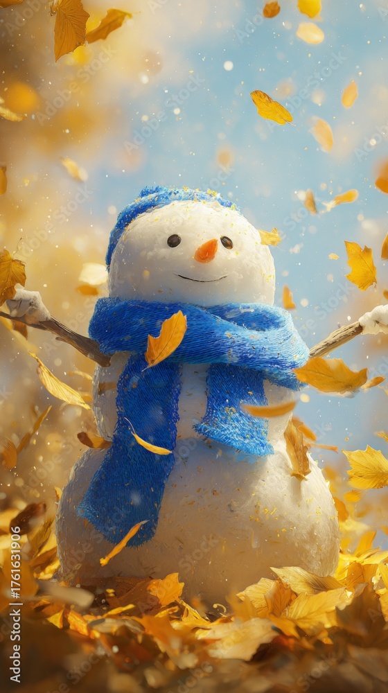 Obraz premium Seasonal shift: snowman's charm in the glow of autumn's last sunshine. Scifi poster. Cheerful snowman with vibrant scarf highlights the magic of seasonal change. Epic poster. Movie artwork.
