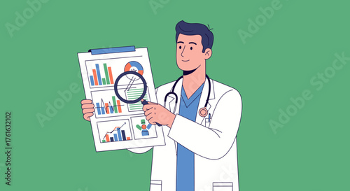 Doctor Analyzing Medical Data with Magnifying Glass.