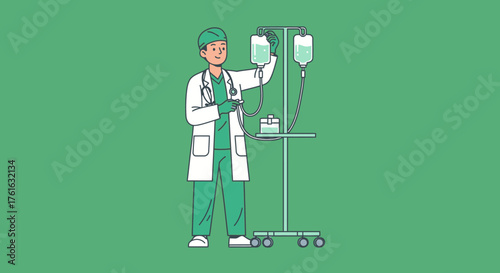 Doctor Adjusting IV Drip in Hospital Setting Illustration.