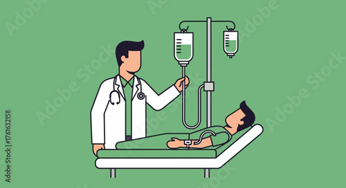 Doctor Attending to Patient with IV Drip in Hospital Bed.