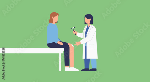 Doctor examining patients knee with reflex hammer in clinic.