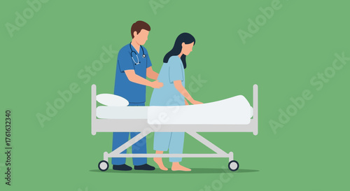 Nurse Assisting Pregnant Woman Getting Out of Hospital Bed.