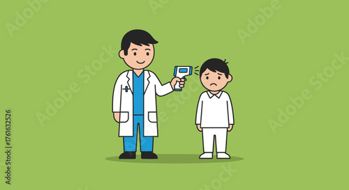 Doctor Checking Childs Temperature with Non-Contact Thermometer.