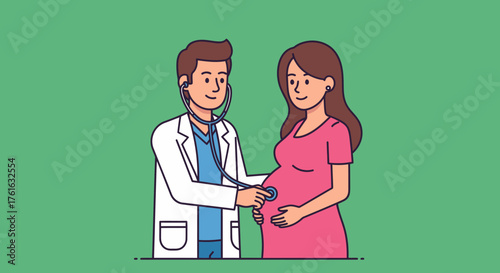 Doctor Examining Pregnant Woman with Stethoscope in Medical Checkup.
