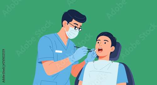 Dentist examining patients teeth with tools in dental clinic.