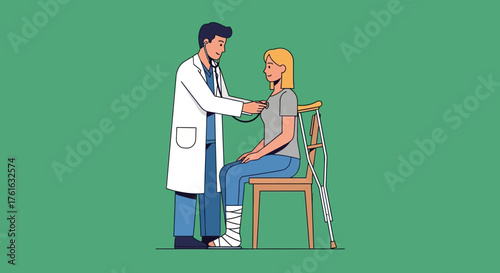 Doctor Examining Patient with Leg Injury and Crutches.